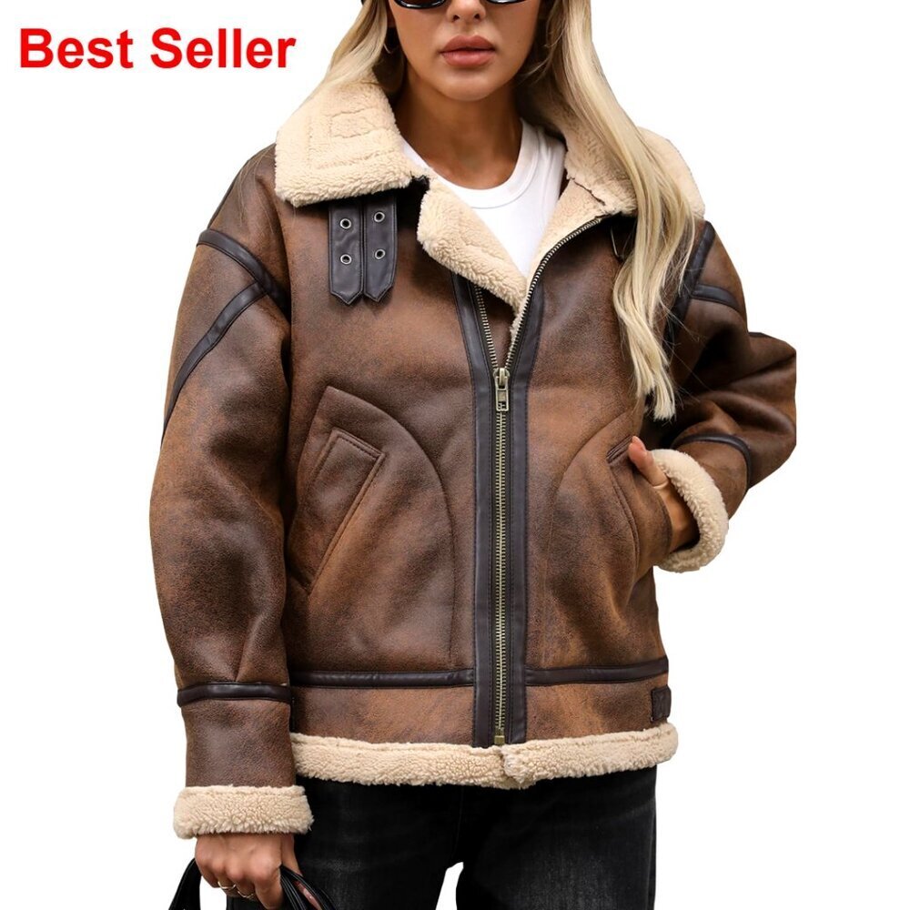 Faux Leather Sherpa Lined Bomber Jacket Aviator Coat